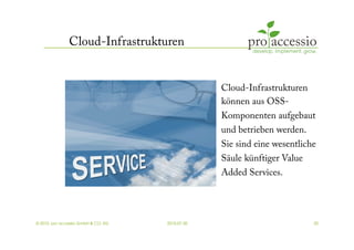 Cloud-Infrastrukturen


                                                  Cloud-Infrastrukturen
                                                  können aus OSS-
                                                  Komponenten aufgebaut
                                                  und betrieben werden.
                                                  Sie sind eine wesentliche
                                                  Säule künftiger Value
                                                  Added Services.




© 2010, pro accessio GmbH & CO. KG   2010-07-30                           20
 