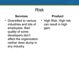 Risk Services Diversified to various industries and lots of employees. Bad quality of some developers don’t affect the organization neither does slump in any industry Product High Risk. High risk can result in high gain.
