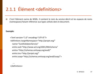 2.1.1 Élément <definitions>
 C’est l’élément racine de WSDL. Il contient le nom du service décrit et les espaces de noms
(namespaces) faisant référence aux types utilisés dans le document.
Exemple:
<?xml version="1.0" encoding="UTF-8"?>
<definitions targetNamespace="http://projet.org/"
name="CardValidatorService"
xmlns:xsd="http://www.w3.org/2001/XMLSchema"
xmlns="http://schemas.xmlsoap.org/wsdl/"
xmlns:tns="http://projet.org/"
xmlns:soap="http://schemas.xmlsoap.org/wsdl/soap/">
….
</definitions>
E. NFAOUI 37
 