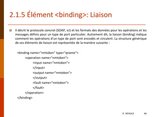 2.1.5 Élément <binding>: Liaison
 Il décrit le protocole concret (SOAP, ici) et les formats des données pour les opérations et les
messages définis pour un type de port particulier. Autrement dit, la liaison (binding) indique
comment les opérations d’un type de port sont encodés et circulent. La structure générique
de ces éléments de liaison est représentée de la manière suivante :
<binding name="nmtoken" type="qname">
<operation name="nmtoken">
<input name="nmtoken">
</input>
<output name="nmtoken">
</output>
<fault name="nmtoken">
</fault>
</operation>
</binding>
E. NFAOUI 46
 