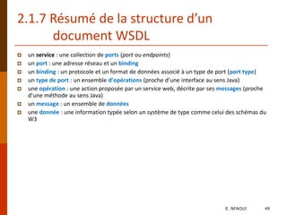 2.1.7 Résumé de la structure d’un
document WSDL
 un service : une collection de ports (port ou endpoints)
 un port : une adresse réseau et un binding
 un binding : un protocole et un format de données associé à un type de port (port type)
 un type de port : un ensemble d’opérations (proche d’une interface au sens Java)
 une opération : une action proposée par un service web, décrite par ses messages (proche
d’une méthode au sens Java)
 un message : un ensemble de données
 une donnée : une information typée selon un système de type comme celui des schémas du
W3
E. NFAOUI 49
 