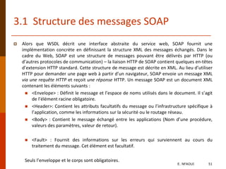 3.1 Structure des messages SOAP
 Alors que WSDL décrit une interface abstraite du service web, SOAP fournit une
implémentation concrète en définissant la structure XML des messages échangés. Dans le
cadre du Web, SOAP est une structure de messages pouvant être délivrés par HTTP (ou
d’autres protocoles de communication) – la liaison HTTP de SOAP contient quelques en-têtes
d’extension HTTP standard. Cette structure de message est décrite en XML. Au lieu d’utiliser
HTTP pour demander une page web à partir d’un navigateur, SOAP envoie un message XML
via une requête HTTP et reçoit une réponse HTTP. Un message SOAP est un document XML
contenant les éléments suivants :
 <Envelope> : Définit le message et l’espace de noms utilisés dans le document. Il s’agit
de l’élément racine obligatoire.
 <Header>: Contient les attributs facultatifs du message ou l’infrastructure spécifique à
l’application, comme les informations sur la sécurité ou le routage réseau.
 <Body> : Contient le message échangé entre les applications (Nom d’une procédure,
valeurs des paramètres, valeur de retour).
 <Fault> : Fournit des informations sur les erreurs qui surviennent au cours du
traitement du message. Cet élément est facultatif.
Seuls l’enveloppe et le corps sont obligatoires.
E. NFAOUI 51
 