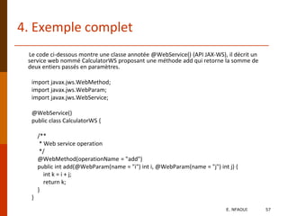 4. Exemple complet
Le code ci-dessous montre une classe annotée @WebService() (API JAX-WS), il décrit un
service web nommé CalculatorWS proposant une méthode add qui retorne la somme de
deux entiers passés en paramètres.
import javax.jws.WebMethod;
import javax.jws.WebParam;
import javax.jws.WebService;
@WebService()
public class CalculatorWS {
/**
* Web service operation
*/
@WebMethod(operationName = "add")
public int add(@WebParam(name = "i") int i, @WebParam(name = "j") int j) {
int k = i + j;
return k;
}
}
E. NFAOUI 57
 