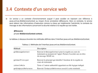 3.4 Contexte d’un service web
 Un service a un contexte d’environnement auquel il peut accéder en injectant une référence à
javax.xml.ws.WebServiceContext au moyen d’une annotation @Resource. Dans ce contexte, le service
peut obtenir des informations d’exécution comme la classe qui implémente l’extrémité, le contexte du
message et des informations concernant la sécurité relative à la requête qui est traitée.
@Resource
private WebServiceContext context;
Le tableau ci-dessous énumère les méthodes définies dans l’interface javax.xml.ws.WebServiceContext.
Tableau 1. Méthodes de l’interface javax.xml.ws.WebServiceContext.
 
