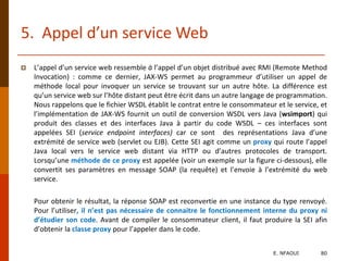 5. Appel d’un service Web
 L’appel d’un service web ressemble à l’appel d’un objet distribué avec RMI (Remote Method
Invocation) : comme ce dernier, JAX-WS permet au programmeur d’utiliser un appel de
méthode local pour invoquer un service se trouvant sur un autre hôte. La différence est
qu’un service web sur l’hôte distant peut être écrit dans un autre langage de programmation.
Nous rappelons que le fichier WSDL établit le contrat entre le consommateur et le service, et
l’implémentation de JAX-WS fournit un outil de conversion WSDL vers Java (wsimport) qui
produit des classes et des interfaces Java à partir du code WSDL – ces interfaces sont
appelées SEI (service endpoint interfaces) car ce sont des représentations Java d’une
extrémité de service web (servlet ou EJB). Cette SEI agit comme un proxy qui route l’appel
Java local vers le service web distant via HTTP ou d’autres protocoles de transport.
Lorsqu’une méthode de ce proxy est appelée (voir un exemple sur la figure ci-dessous), elle
convertit ses paramètres en message SOAP (la requête) et l’envoie à l’extrémité du web
service.
Pour obtenir le résultat, la réponse SOAP est reconvertie en une instance du type renvoyé.
Pour l’utiliser, il n’est pas nécessaire de connaitre le fonctionnement interne du proxy ni
d’étudier son code. Avant de compiler le consommateur client, il faut produire la SEI afin
d’obtenir la classe proxy pour l’appeler dans le code.
E. NFAOUI 80
 
