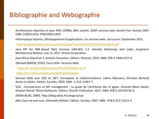 Bibliographie and Webographie
- Architectures réparties en Java: RMI, CORBA, JMS, sockets, SOAP, services web. Annick Fron. Dunod, 2007.
ISBN: 2100511416, 9782100511419
- Informatique répartie, Développement d’applications. Les services web. Last access: September 2015.
http://programmation-java.1sur1.com/Java/Tutoriels/J2EE/PDF/ServicesWeb.pdf
- Java API for XML-Based Web Services (JAX-WS) 2.3. Jitendra Kotamraju and Lukas Jungmann.
Maintenance Release, July 11, 2017. Oracle Corporation.
- Java EE6 et GlassFish 3. Antonio Goncalves. Editeur: Pearson, 2010. ISBN: 978-2-7440-4157-0
- [Mickaël BARON, 2010]. Cours SOA –Services Web.
https://fr.scribd.com/document/94133706/Intro-So-A
https://fr.scribd.com/document/49423425/jaxws
- Services Web avec J2EE et .NET, Conception et implémentations. Libero Maesano, Christian Bernard,
Xavier Le Galles. Edition: Eyrolles, 2003. ISBN : 2-212-11067-7
- SOA , microservices et API management : Le guide de l'architecte des SI agiles. Fournier-Morel Xavier,
Grojean Pascal, Plouin Guillaume. Editeur: Dunod. Publication: 2017. ISBN: 978-2-10-076730-4.
- [XEBIA BLOG, 2009]. http://blog.xebia.fr/category/soa
- XML Cours et exercices. Alexandre Brillant. Edition: Eyrolles, 2007. ISBN : 978-2-212-12151-3
E. NFAOUI 99
 