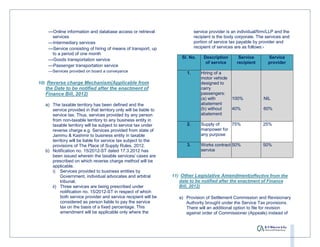 ––Online information and database access or retrieval                   service provider is an individual/firm/LLP and the
      services                                                              recipient is the body corporate. The services and
    ––Intermediary services                                                 portion of service tax payable by provider and
    ––Service consisting of hiring of means of transport, up                recipient of services are as follows:-
      to a period of one month
                                                                     Sl. No.     Description       Service        Service
    ––Goods transportation service
                                                                                  of service      recipient       provider
    ––Passenger transportation service
    ––Services provided on board a conveyance                          1.      Hiring of a
                                                                               motor vehicle
10) Reverse charge Mechanism(Applicable from                                   designed to
  the Date to be notified after the enactment of                               carry
  Finance Bill, 2012)                                                          passengers:
                                                                               (a) with        100%             NIL
  a) The taxable territory has been defined and the                            abatement
     service provided in that territory only will be liable to                 (b) without     40%              60%
     service tax. Thus, services provided by any person                        abatement
     from non-taxable territory to any business entity in                                                        .
     taxable territory will be subject to service tax under            2.      Supply of    75%                 25%
     reverse charge e.g. Services provided from state of                       manpower for
     Jammu & Kashmir to business entity in taxable                             any purpose
     territory will be liable for service tax subject to the
     provisions of The Place of Supply Rules, 2012.                    3.      Works contract 50%               50%
  b) Notification no. 15/2012-ST dated 17.3.2012 has                           service
     been issued wherein the taxable services/ cases are
     prescribed on which reverse charge method will be
     applicable.
     i) Services provided to business entities by
          Government, individual advocates and arbitral          11) Other Legislative Amendment(effective from the
          tribunal,                                                 date to be notified after the enactment of Finance
     ii) Three services are being prescribed under                  Bill, 2012)
          notification no. 15/2012-ST in respect of which
          both service provider and service recipient will be       a) Provision of Settlement Commission and Revisionary
          considered as person liable to pay the service               Authority brought under the Service Tax provisions.
          tax on the basis of a fixed percentage. This                 There will an additional option to file for revision
          amendment will be applicable only where the                  against order of Commissioner (Appeals) instead of
 