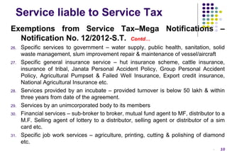 Service liable to Service Tax
Exemptions from Service Tax–Mega Notifications –
Notification No. 12/2012-S.T. Contd…
26.

27.

28.

29.
30.

31.

Specific services to government – water supply, public health, sanitation, solid
waste management, slum improvement repair & maintenance of vessel/aircraft
Specific general insurance service – hut insurance scheme, cattle insurance,
insurance of tribal, Janata Personal Accident Policy, Group Personal Accident
Policy, Agricultural Pumpset & Failed Well Insurance, Export credit insurance,
National Agricultural Insurance etc.
Services provided by an incubate – provided turnover is below 50 lakh & within
three years from date of the agreement.
Services by an unimcorporated body to its members
Financial services – sub-broker to broker, mutual fund agent to MF, distributor to a
M.F. Selling agent of lottery to a distributor, selling agent or distributor of a sim
card etc.
Specific job work services – agriculture, printing, cutting & polishing of diamond
etc.
-

10

 