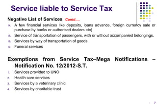 Service liable to Service Tax
Negative List of Services
14.

15.
16.
17.

Contd….

A few financial services like deposits, loans advance, foreign currency sale or
purchase by banks or authorised dealers etc)
Service of transportation of passengers, with or without accompanied belongings.
Services by way of transportation of goods
Funeral services

Exemptions from Service Tax–Mega Notifications –
Notification No. 12/2012-S.T.
1.
2.
3.
4.

Services provided to UNO
Health care services
Services by a veterinary clinic
Services by charitable trust

-

7

 