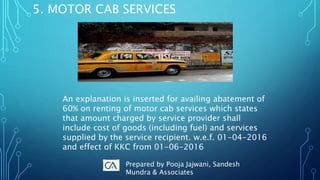 5. MOTOR CAB SERVICES
An explanation is inserted for availing abatement of
60% on renting of motor cab services which states
that amount charged by service provider shall
include cost of goods (including fuel) and services
supplied by the service recipient. w.e.f. 01-04-2016
and effect of KKC from 01-06-2016
Prepared by Pooja Jajwani, Sandesh
Mundra & Associates
 