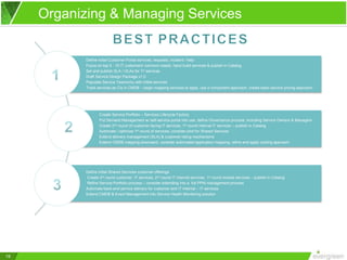 19
Organizing & Managing Services
Define initial Customer Portal services, requests, incident / help
Focus on top 5 - 10 IT customers’ common needs, hand build services & publish in Catalog
Set and publish SLA / OLAs for 1st services
Draft Service Design Package v1.0
Populate Service Taxonomy with initial services
Track services as CIs in CMDB – begin mapping services to apps, use a component approach, create basic service pricing approach
Create Service Portfolio – Services Lifecycle Factory
Put Demand Management w/ self-service portal into use, define Governance process, including Service Owners & Managers
Create 2nd round of customer-facing IT services, 1st round internal IT services – publish in Catalog
Automate / optimize 1st round of services, consider pilot for Shared Services
Extend delivery management (SLA) & customer rating mechanisms
Extend CMDB mapping downward, consider automated application mapping, refine and apply costing approach
Define initial Shared Services customer offerings
Create 3rd round customer IT services, 2nd round IT internal services, 1st round shared services – publish in Catalog
Refine Service Portfolio process – consider extending into a full PPM management process
Automate back-end service delivery for customer and IT internal – IT services
Extend CMDB & Event Management into Service Health Monitoring solution
 