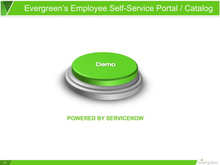 21
Evergreen’s Employee Self-Service Portal / Catalog
POWERED BY SERVICENOW
 