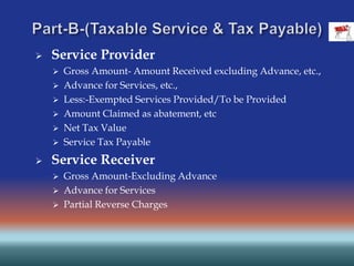  Service Provider
 Gross Amount- Amount Received excluding Advance, etc.,
 Advance for Services, etc.,
 Less:-Exempted Services Provided/To be Provided
 Amount Claimed as abatement, etc
 Net Tax Value
 Service Tax Payable
 Service Receiver
 Gross Amount-Excluding Advance
 Advance for Services
 Partial Reverse Charges
 