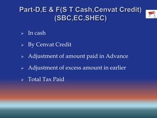  In cash
 By Cenvat Credit
 Adjustment of amount paid in Advance
 Adjustment of excess amount in earlier
 Total Tax Paid
 