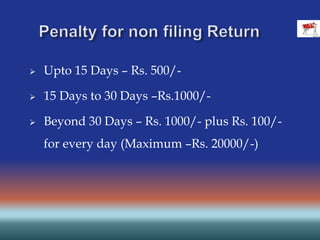  Upto 15 Days – Rs. 500/-
 15 Days to 30 Days –Rs.1000/-
 Beyond 30 Days – Rs. 1000/- plus Rs. 100/-
for every day (Maximum –Rs. 20000/-)
 