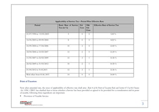 3
Point of Taxation:
Now after amended rate, the issue of applicability of effective rate shall arise [Rule 4 of the Point of Taxation Rule and Section 67A of the Finance
Act, 1994]. CBEC has clarified that to know whether a Service has been provided or agreed to be provided for a consideration and its point
of taxable, following three ingredients are important:
 Provision of Taxable Service
Applicability of Service Tax – Period Wise Effective Rate
Period Basic Rate of Service
Tax (in %)
Ed.
Cess
H&
Ed.
Cess
Effective Rate of Service Tax
01/07/1994 to 13/05/2003 5 0 0 5.00 %
14/05/2003 to 09/09/2004 8 0 0 8.00 %
10/09/2004 to 17/04/2006 10 2 0 12.00 %
18/04/2006 to 10/05/2007 12 2 0 12.24 %
11/05/2007 to 23/02/2009 12 2 1 12.36 %
24/02/2009 to 31/03/2012 10 2 1 10.30 %
01/04/2012 to 31.05.2015 12 2 1 12.36 %
With effect from 01.06. 2015 14 0 0 14.00 %
3
Point of Taxation:
Now after amended rate, the issue of applicability of effective rate shall arise [Rule 4 of the Point of Taxation Rule and Section 67A of the Finance
Act, 1994]. CBEC has clarified that to know whether a Service has been provided or agreed to be provided for a consideration and its point
of taxable, following three ingredients are important:
 Provision of Taxable Service
Applicability of Service Tax – Period Wise Effective Rate
Period Basic Rate of Service
Tax (in %)
Ed.
Cess
H&
Ed.
Cess
Effective Rate of Service Tax
01/07/1994 to 13/05/2003 5 0 0 5.00 %
14/05/2003 to 09/09/2004 8 0 0 8.00 %
10/09/2004 to 17/04/2006 10 2 0 12.00 %
18/04/2006 to 10/05/2007 12 2 0 12.24 %
11/05/2007 to 23/02/2009 12 2 1 12.36 %
24/02/2009 to 31/03/2012 10 2 1 10.30 %
01/04/2012 to 31.05.2015 12 2 1 12.36 %
With effect from 01.06. 2015 14 0 0 14.00 %
3
Point of Taxation:
Now after amended rate, the issue of applicability of effective rate shall arise [Rule 4 of the Point of Taxation Rule and Section 67A of the Finance
Act, 1994]. CBEC has clarified that to know whether a Service has been provided or agreed to be provided for a consideration and its point
of taxable, following three ingredients are important:
 Provision of Taxable Service
Applicability of Service Tax – Period Wise Effective Rate
Period Basic Rate of Service
Tax (in %)
Ed.
Cess
H&
Ed.
Cess
Effective Rate of Service Tax
01/07/1994 to 13/05/2003 5 0 0 5.00 %
14/05/2003 to 09/09/2004 8 0 0 8.00 %
10/09/2004 to 17/04/2006 10 2 0 12.00 %
18/04/2006 to 10/05/2007 12 2 0 12.24 %
11/05/2007 to 23/02/2009 12 2 1 12.36 %
24/02/2009 to 31/03/2012 10 2 1 10.30 %
01/04/2012 to 31.05.2015 12 2 1 12.36 %
With effect from 01.06. 2015 14 0 0 14.00 %
 