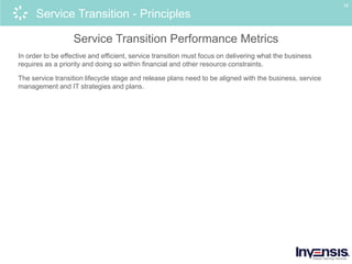 16
Service Transition - Principles
Service Transition Performance Metrics
In order to be effective and efficient, service transition must focus on delivering what the business
requires as a priority and doing so within financial and other resource constraints.
The service transition lifecycle stage and release plans need to be aligned with the business, service
management and IT strategies and plans.
 