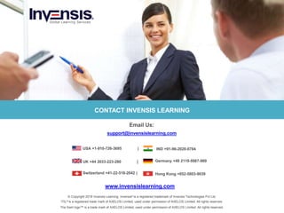 21
CONTACT INVENSIS LEARNING
Email Us:
© Copyright 2018 Invensis Learning. Invensis®
is a registered trademark of Invensis Technologies Pvt Ltd.
ITIL® is a registered trade mark of AXELOS Limited, used under permission of AXELOS Limited. All rights reserved.
The Swirl logo™ is a trade mark of AXELOS Limited, used under permission of AXELOS Limited. All rights reserved.
www.invensislearning.com
support@invensislearning.com
USA +1-910-726-3695 | IND +91-96-2020-0784
UK +44 2033-223-280 | Germany +49 2119-5987-989
Switzerland +41-22-518-2042 | Hong Kong +852-5803-9039
 