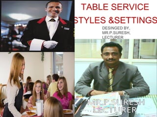 TABLE SERVICE
STYLES &SETTINGS
GOODMAN JUNE 2009CULINARY ARTS II
DESINGED BY
Sunil Kumar
Research Scholar/ Food Production Faculty
Institute of Hotel and Tourism Management,
MAHARSHI DAYANAND UNIVERSITY,
ROHTAK
Haryana- 124001 INDIA Ph. No. 09996000499
email: skihm86@yahoo.com
linkedin:- in.linkedin.com/in/ihmsunilkumar
facebook: www.facebook.com/ihmsunilkumar
 