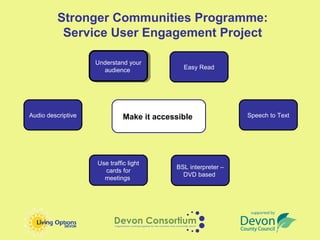 Stronger Communities Programme:
           Service User Engagement Project

                    Understand your
                     Understand your
                       audience              Easy Read
                        audience




Audio descriptive             Make it accessible               Speech to Text




                    Use traffic light
                                           BSL interpreter –
                      cards for
                                             DVD based
                      meetings
 