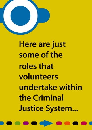 Service user involvement.
Here are just
some of the
roles that
volunteers
undertake within
the Criminal
Justice System...
 