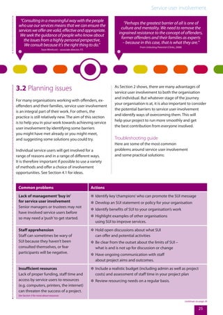 Service user involvement.
25
“Consulting in a meaningful way with the people
who use our services means that we can ensure the
servicesweofferarevalid,effectiveandappropriate.
We seek the guidance of people who know about
the issues from a highly personal perspective.
We consult because it’s the right thing to do.”
Sean Wimhurst – associate director, P3
3.2 Planning issues
For many organisations working with offenders, ex-
offenders and their families, service user involvement
is an integral part of their work. For others, the
practice is still relatively new. The aim of this section
is to help you in your work towards achieving service
user involvement by identifying some barriers
you might have met already or you might meet,
and suggesting some solutions you could try.
Individual service users will get involved for a
range of reasons and in a range of different ways.
It is therefore important if possible to use a variety
of methods and offer a choice of involvement
opportunities. See Section 4.1 for ideas.
“Perhaps the greatest barrier of all is one of
culture and mentality. We need to remove the
ingrained resistance to the concept of offenders,
former offenders and their families as experts
– because in this case, that is what they are.”
From Unlocking Potential (Clinks, 2008)
Common problems Actions
Lack of management‘buy in’
for service user involvement
Senior managers or trustees may not
have involved service users before
so may need a‘push’to get started.
✲✲ Identify key‘champions’who can promote the SUI message
✲✲ Develop an SUI statement or policy for your organisation
✲✲ Identify benefits of SUI to your organisation’s work
✲✲ Highlight examples of other organisations
using SUI to improve services.
Staff apprehension
Staff can sometimes be wary of
SUI because they haven’t been
consulted themselves, or fear
participants will be negative.
✲✲ Hold open discussions about what SUI
can offer and potential activities
✲✲ Be clear from the outset about the limits of SUI –
what is and is not up for discussion or change
✲✲ Have ongoing communication with staff
about project aims and outcomes.
Insufficient resources
Lack of proper funding, staff time and
access by service users to resources
(e.g. computers, printers, the internet)
can threaten the success of a project.
See Section 3 for more about resources
✲✲ Include a realistic budget (including admin as well as project
costs) and assessment of staff time in your project plan
✲✲ Review resourcing needs on a regular basis.
As Section 2 shows, there are many advantages of
service user involvement to both the organisation
and individual. But whatever stage of the journey
your organisation is at, it is also important to consider
the potential barriers to service user involvement
and identify ways of overcoming them. This will
help your project to run more smoothly and get
the best contribution from everyone involved.
Troubleshooting guide
Here are some of the most common
problems around service user involvement
and some practical solutions:
continues on page 26
 