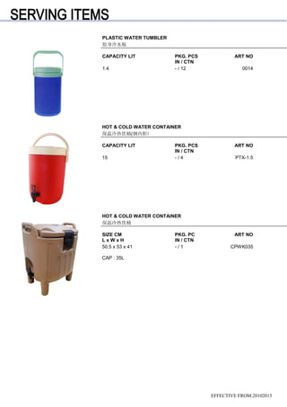 EFFECTIVE FROM:20102015
PLASTIC WATER TUMBLER
胶身冷水瓶
CAPACITY LIT PKG. PCS ART NO
IN / CTN
1.4 - / 12 0014
HOT & COLD WATER CONTAINER
保温冷热饮桶(钢内胆)
CAPACITY LIT PKG. PCS ART NO
IN / CTN
15 - / 4 PTX-1.5
HOT & COLD WATER CONTAINER
保温冷热饮桶
SIZE CM PKG. PC ART NO
L x W x H IN / CTN
50.5 x 53 x 41 - / 1 CPWK035
CAP : 35L
 