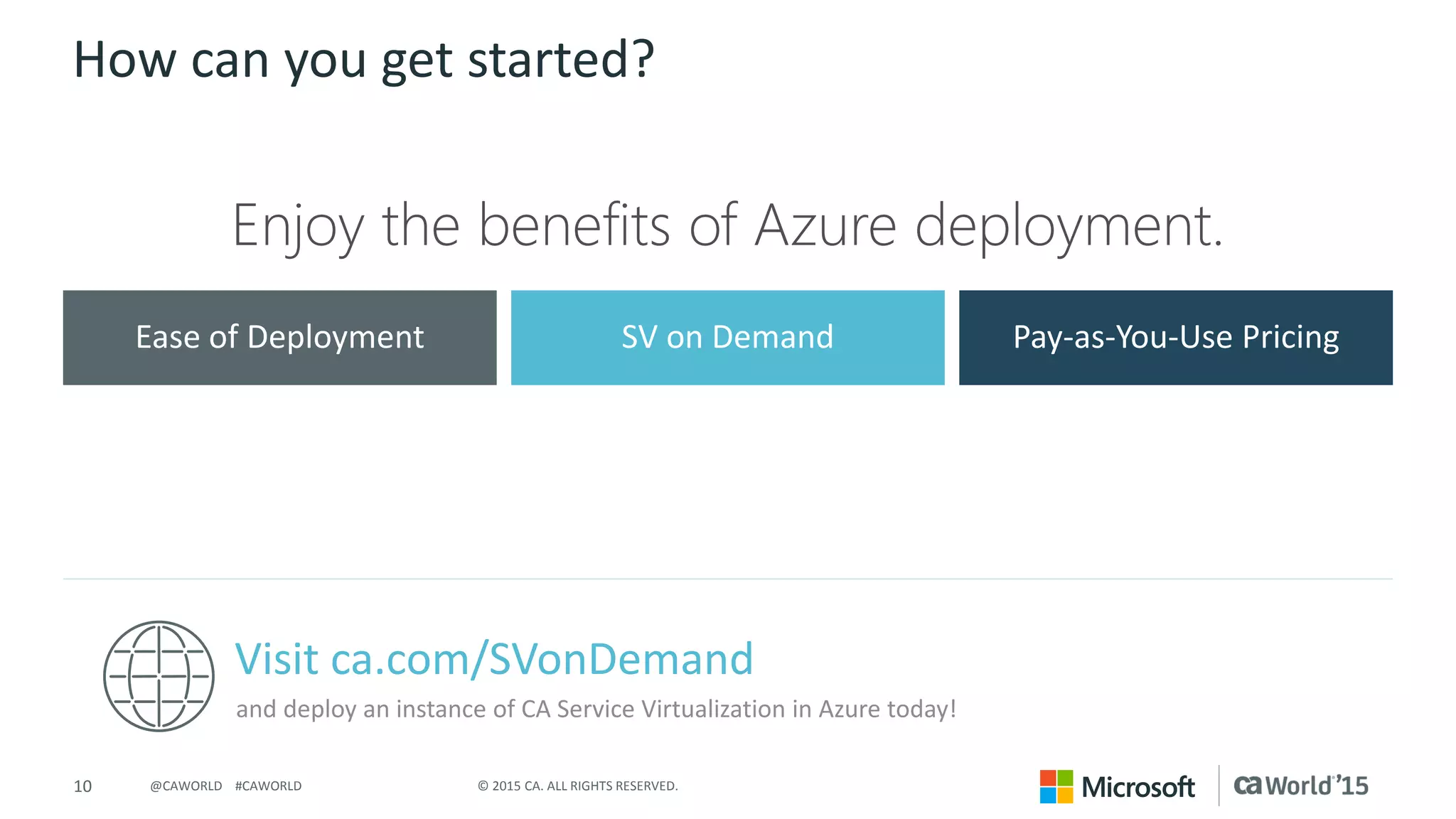 10 © 2015 CA. ALL RIGHTS RESERVED.@CAWORLD #CAWORLD
How can you get started?
Visit ca.com/SVonDemand
Ease of Deployment SV on Demand Pay-as-You-Use Pricing
and deploy an instance of CA Service Virtualization in Azure today!
 