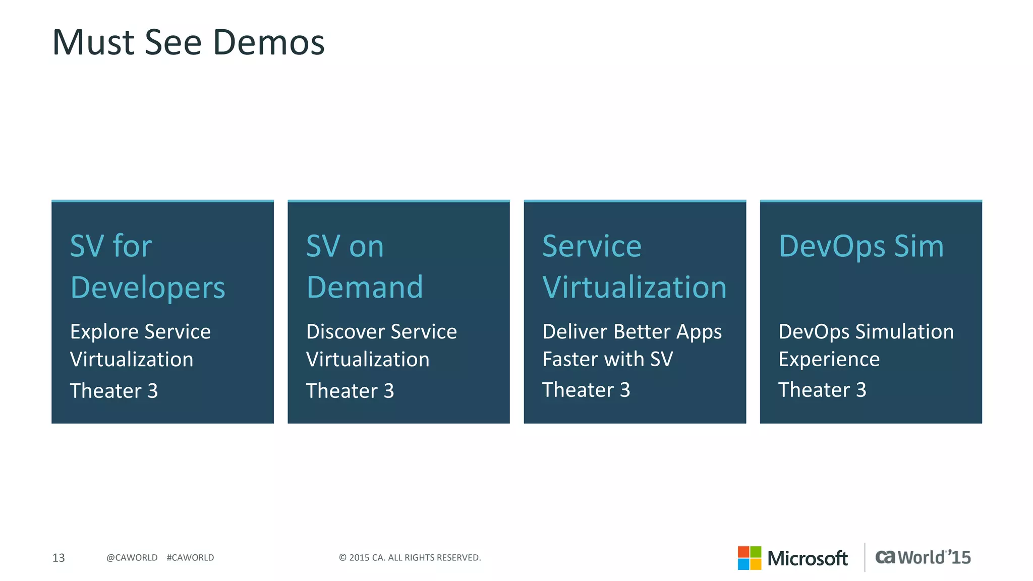 13 © 2015 CA. ALL RIGHTS RESERVED.@CAWORLD #CAWORLD
Must See Demos
SV for
Developers
Explore Service
Virtualization
Theater 3
DevOps Sim
DevOps Simulation
Experience
Theater 3
SV on
Demand
Discover Service
Virtualization
Theater 3
Service
Virtualization
Deliver Better Apps
Faster with SV
Theater 3
 
