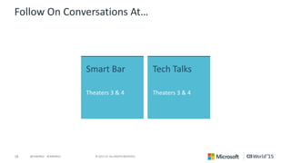 14 © 2015 CA. ALL RIGHTS RESERVED.@CAWORLD #CAWORLD
Follow On Conversations At…
Smart Bar
Theaters 3 & 4
Tech Talks
Theaters 3 & 4
 