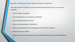 The custom build APIs can follow any environment/framework/language as far as it can serve the
needs likes,
1. Should be easily customizable,
2. Easy to adapt/anyone can contribute and collaborate,
3. Easy to update/maintain for new CRs
4. Should be easily deployable as standalones,
5. Should support Integrations/can provide/expose API for E2E test simulations,
6. Should be robust and reliable,
7. Should not have any tool dependency (Pointing operation dependency, Not the build dependency
;-)).
Dynamic API Mocks with NodeJs Express Module
 