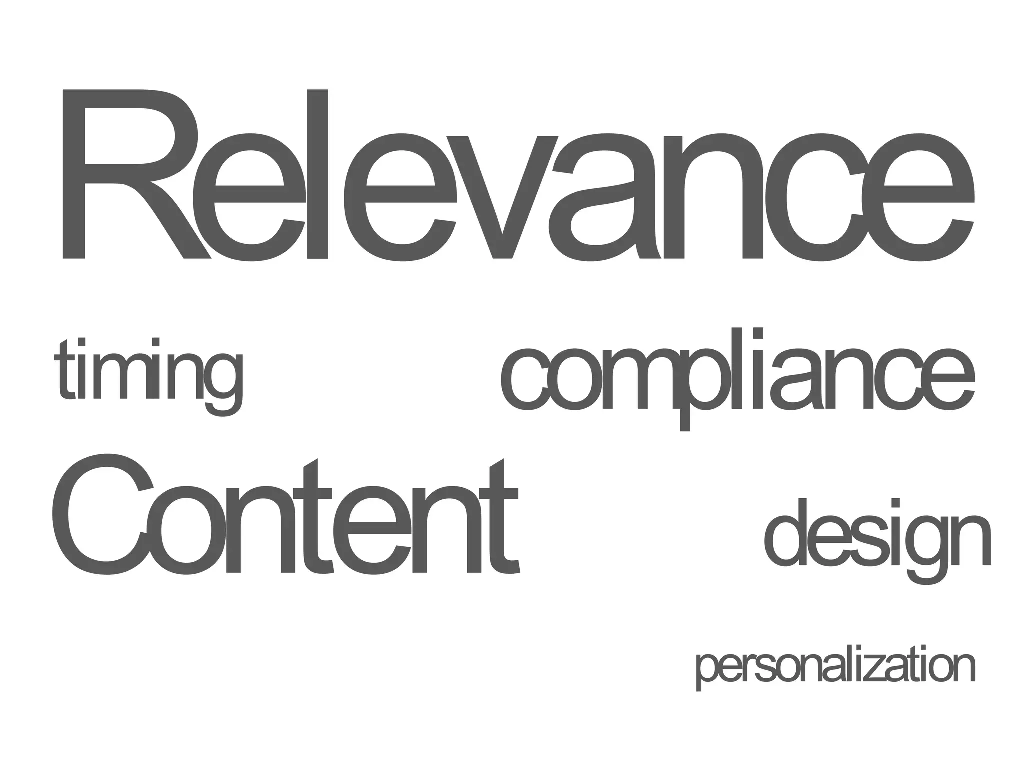 Relevance
timing   compliance
Content         design
             personalization
 