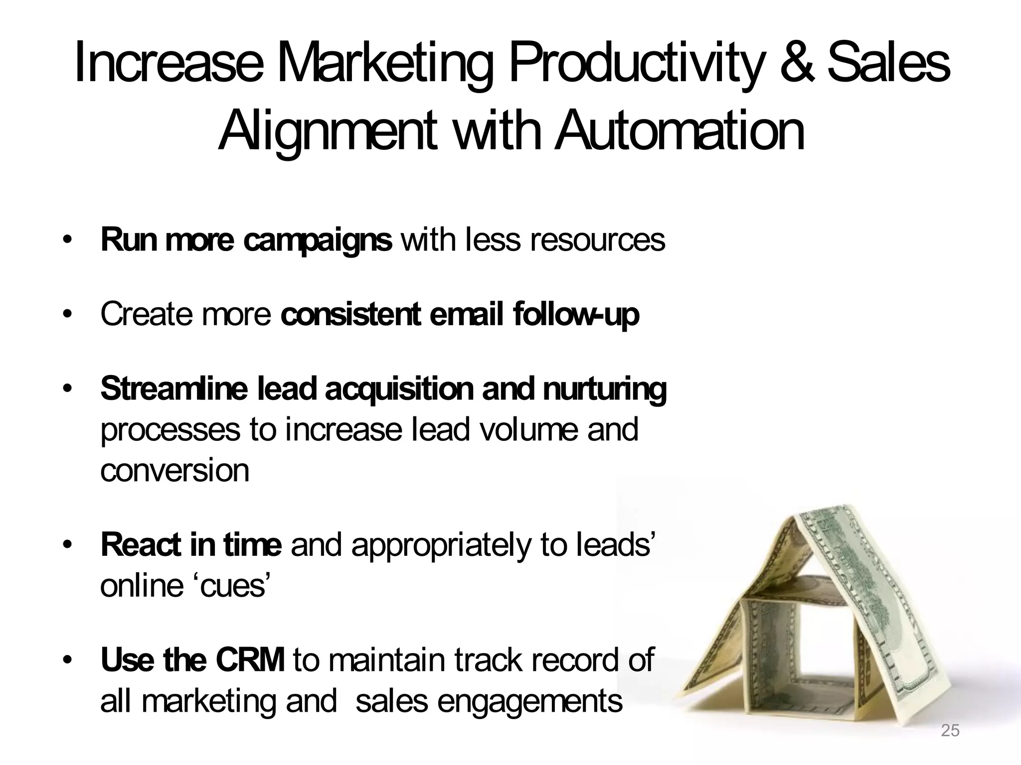 Increase Marketing Productivity & Sales
      Alignment with Automation
• Run more campaigns with less resources

• Create more consistent email follow-up

• Streamline lead acquisition and nurturing
  processes to increase lead volume and
  conversion

• React in time and appropriately to leads‟
  online „cues‟

• Use the CRM to maintain track record of
  all marketing and sales engagements
                                              25
 