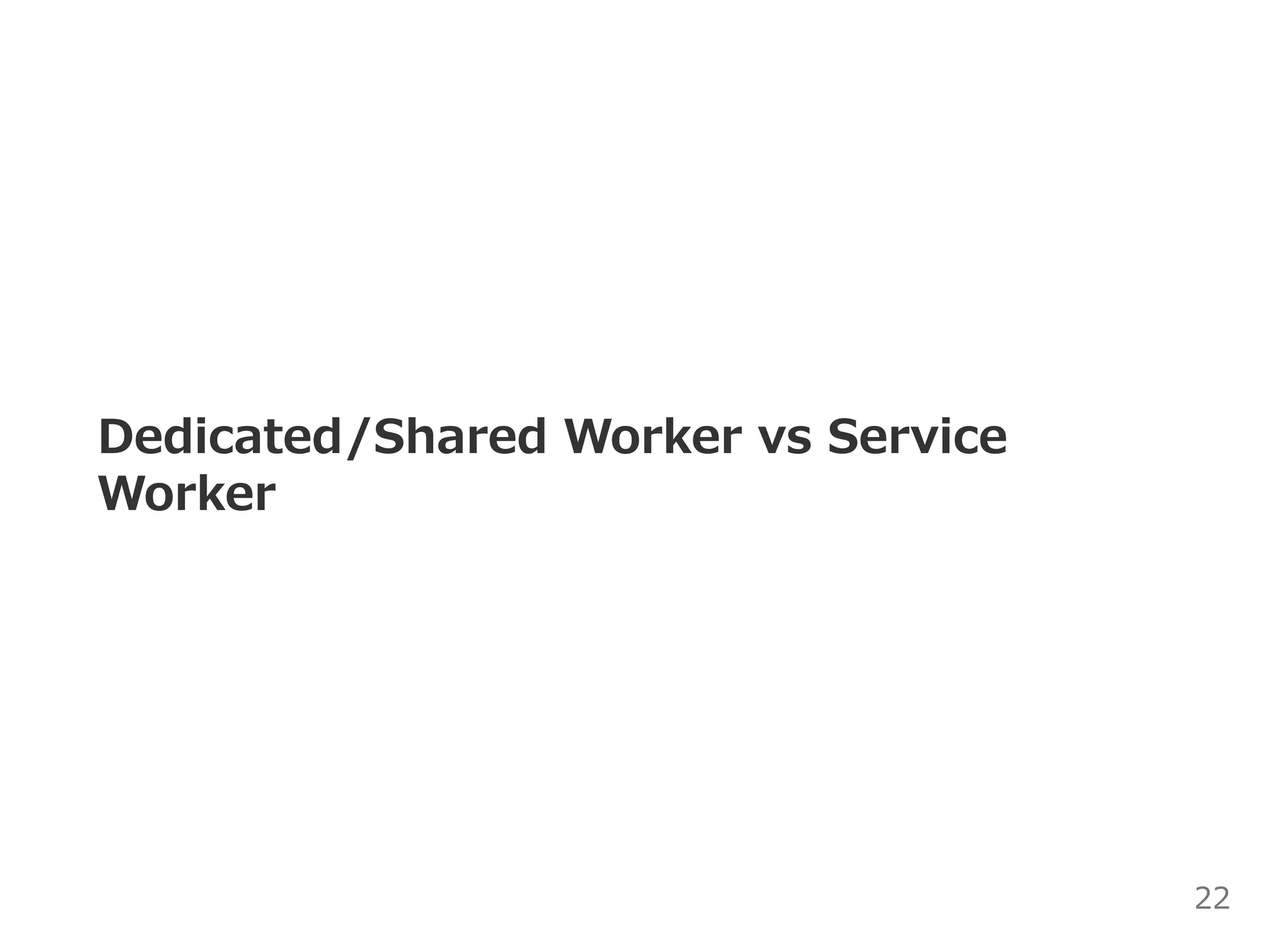 Dedicated/Shared Worker vs Service
Worker
22
 