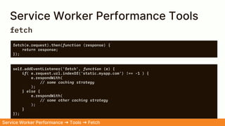 Service Worker Performance Tools
fetch(e.request).then(function (response) {
return response;
});
Service Worker Performance ➜ Tools ➜ Fetch
self.addEventListener('fetch', function (e) {
if( e.request.url.indexOf('static.myapp.com') !== -1 ) {
e.respondWith(
// some caching strategy
);
} else {
e.respondWith(
// some other caching strategy
);
}
});
fetch
 