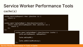 Service Worker Performance Tools
caches.match(myRequest).then (function (r) {
return r;
});
caches.open('myCacheName').then(function(cache) {
return cache.match(myRequest).then (function (r) {
return r;
});
});
Service Worker Performance ➜ Tools ➜ Cache
cache(s)
caches.open('myCacheName').then(function (cache) {
cache.put(myRequest, myResponse);
…
cache.add(myURL);
…
cache.addAll(myURLsArray);
});
 