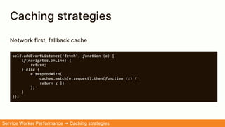 Caching strategies
self.addEventListener('fetch', function (e) {
if(navigator.onLine) {
return;
} else {
e.respondWith(
caches.match(e.request).then(function (r) {
return r })
);
}
});
Network first, fallback cache
Service Worker Performance ➜ Caching strategies
 