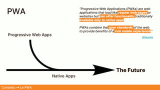 PWA
“Progressive Web Applications (PWAs) are web
applications that load like regular web pages or
websites but can offer functionality traditionally
available only to native apps.
PWAs combine the open standards of the web
to provide benefits of a rich mobile experience.”
Wikipedia
The Future
Native Apps
Progressive Web Apps
Contesto ➜ Le PWA
 