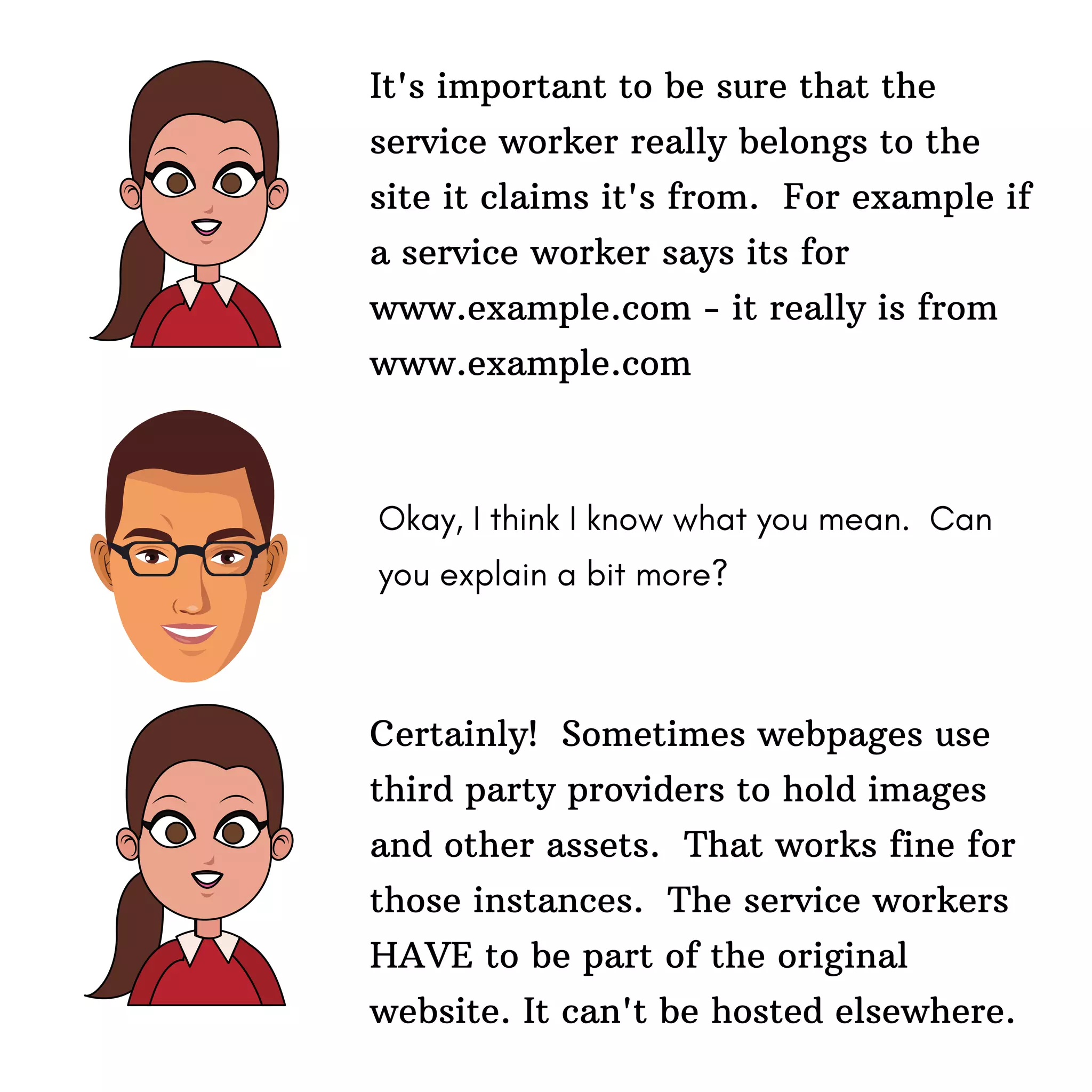It's important to be sure that the
service worker really belongs to the
site it claims it's from. For example if
a service worker says its for
www.example.com - it really is from
www.example.com
Okay, I think I know what you mean. Can
you explain a bit more?
Certainly! Sometimes webpages use
third party providers to hold images
and other assets. That works fine for
those instances. The service workers
HAVE to be part of the original
website. It can't be hosted elsewhere.
 