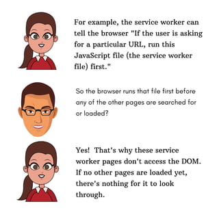 Yes! That's why these service
worker pages don't access the DOM.
If no other pages are loaded yet,
there's nothing for it to look
through.
For example, the service worker can
tell the browser "If the user is asking
for a particular URL, run this
JavaScript file (the service worker
file) first."
So the browser runs that file first before
any of the other pages are searched for
or loaded?
 