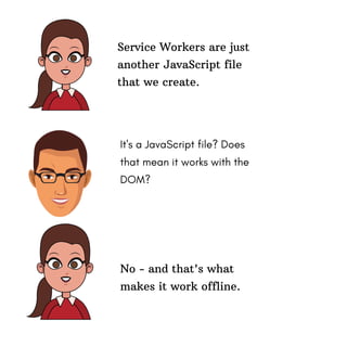 It's a JavaScript file? Does
that mean it works with the
DOM?
Service Workers are just
another JavaScript file
that we create.
No - and that's what
makes it work offline.
 