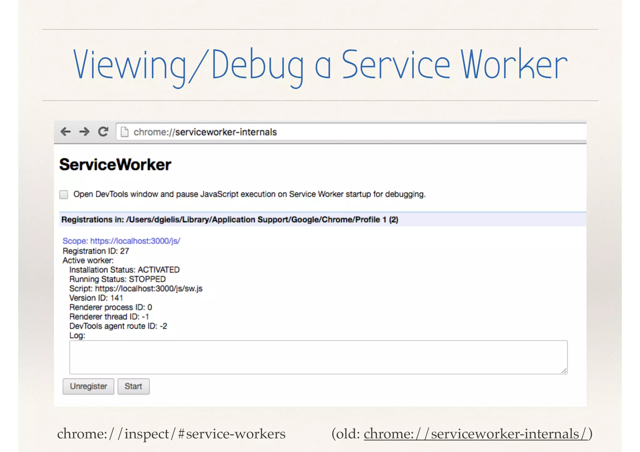 Viewing/Debug a Service Worker
(old: chrome://serviceworker-internals/)chrome://inspect/#service-workers
 