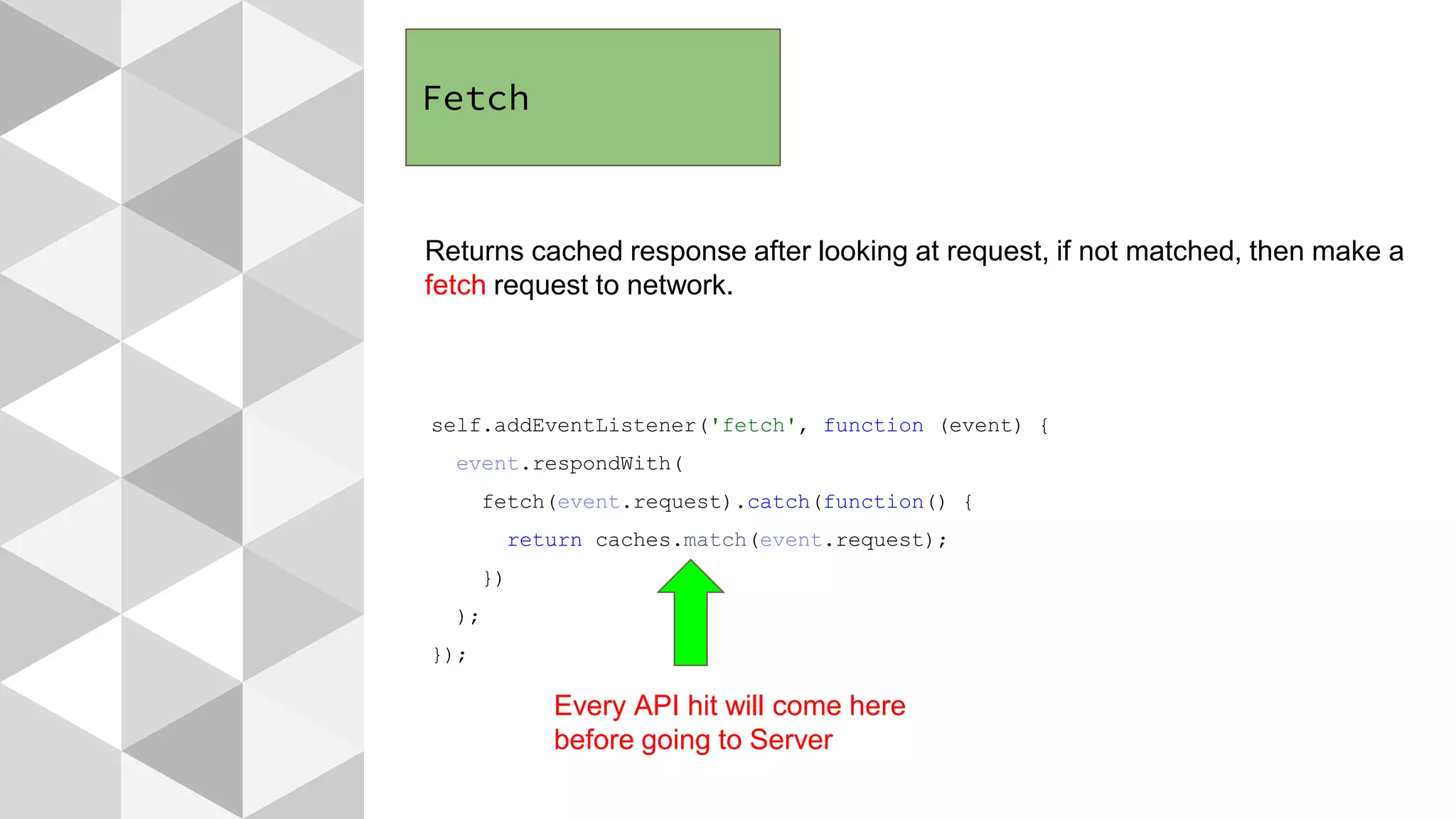Fetch
Returns cached response after looking at request, if not matched, then make a
fetch request to network.
self.addEventListener('fetch', function (event) {
event.respondWith(
fetch(event.request).catch(function() {
return caches.match(event.request);
})
);
});
Every API hit will come here
before going to Server
 