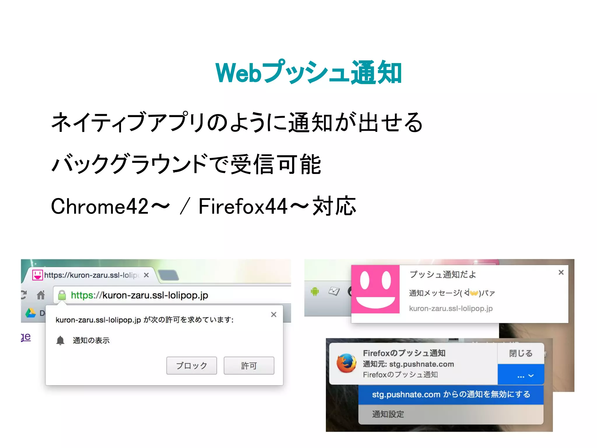 Webプッシュ通知
ネイティブアプリのように通知が出せる
バックグラウンドで受信可能
Chrome42〜 / Firefox44〜対応
 