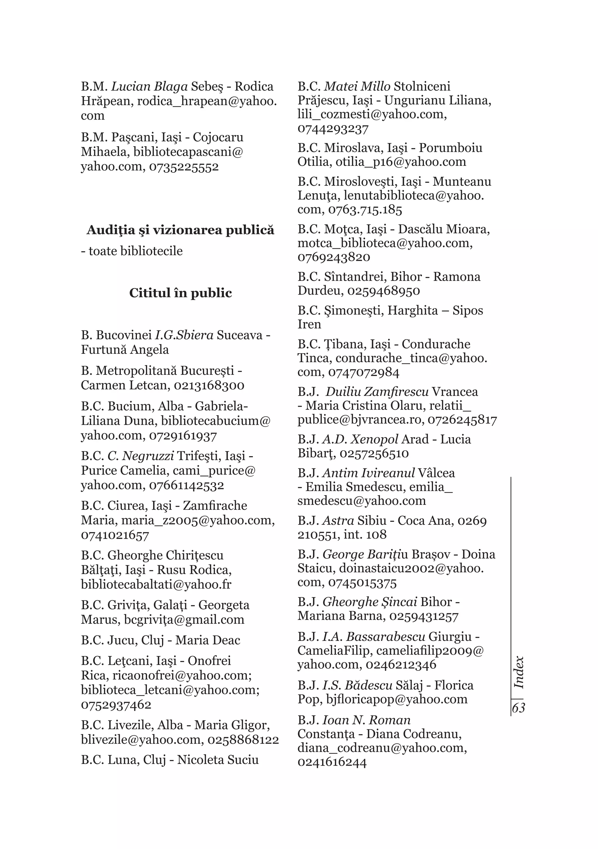 B.M. Lucian Blaga Sebeş - Rodica
Hrăpean, rodica_hrapean@yahoo.
com
B.M. Paşcani, Iaşi - Cojocaru
Mihaela, bibliotecapascani@
yahoo.com, 0735225552

Audiţia şi vizionarea publică
- toate bibliotecile
Cititul în public
B. Bucovinei I.G.Sbiera Suceava Furtună Angela
B. Metropolitană București Carmen Letcan, 0213168300
B.C. Bucium, Alba - GabrielaLiliana Duna, bibliotecabucium@
yahoo.com, 0729161937
B.C. C. Negruzzi Trifeşti, Iaşi Purice Camelia, cami_purice@
yahoo.com, 07661142532
B.C. Ciurea, Iaşi - Zamfirache
Maria, maria_z2005@yahoo.com,
0741021657

B.C. Matei Millo Stolniceni
Prăjescu, Iaşi - Ungurianu Liliana,
lili_cozmesti@yahoo.com,
0744293237
B.C. Miroslava, Iaşi - Porumboiu
Otilia, otilia_p16@yahoo.com
B.C. Mirosloveşti, Iaşi - Munteanu
Lenuţa, lenutabiblioteca@yahoo.
com, 0763.715.185
B.C. Moţca, Iaşi - Dascălu Mioara,
motca_biblioteca@yahoo.com,
0769243820
B.C. Sîntandrei, Bihor - Ramona
Durdeu, 0259468950
B.C. Şimoneşti, Harghita – Sipos
Iren
B.C. Țibana, Iaşi - Condurache
Tinca, condurache_tinca@yahoo.
com, 0747072984
B.J. Duiliu Zamfirescu Vrancea
- Maria Cristina Olaru, relatii_
publice@bjvrancea.ro, 0726245817
B.J. A.D. Xenopol Arad - Lucia
Bibarţ, 0257256510
B.J. Antim Ivireanul Vâlcea
- Emilia Smedescu, emilia_
smedescu@yahoo.com
B.J. Astra Sibiu - Coca Ana, 0269
210551, int. 108
B.J. George Barițiu Brașov - Doina
Staicu, doinastaicu2002@yahoo.
com, 0745015375

B.C. Grivița, Galați - Georgeta
Marus, bcgrivița@gmail.com

B.J. Gheorghe Șincai Bihor Mariana Barna, 0259431257

B.C. Jucu, Cluj - Maria Deac

B.J. I.A. Bassarabescu Giurgiu CameliaFilip, cameliafilip2009@
yahoo.com, 0246212346

B.C. Leţcani, Iaşi - Onofrei
Rica, ricaonofrei@yahoo.com;
biblioteca_letcani@yahoo.com;
0752937462
B.C. Livezile, Alba - Maria Gligor,
blivezile@yahoo.com, 0258868122
B.C. Luna, Cluj - Nicoleta Suciu

B.J. I.S. Bădescu Sălaj - Florica
Pop, bjfloricapop@yahoo.com
B.J. Ioan N. Roman
Constanța - Diana Codreanu,
diana_codreanu@yahoo.com,
0241616244

Index

B.C. Gheorghe Chirițescu
Bălţaţi, Iaşi - Rusu Rodica,
bibliotecabaltati@yahoo.fr

63

 