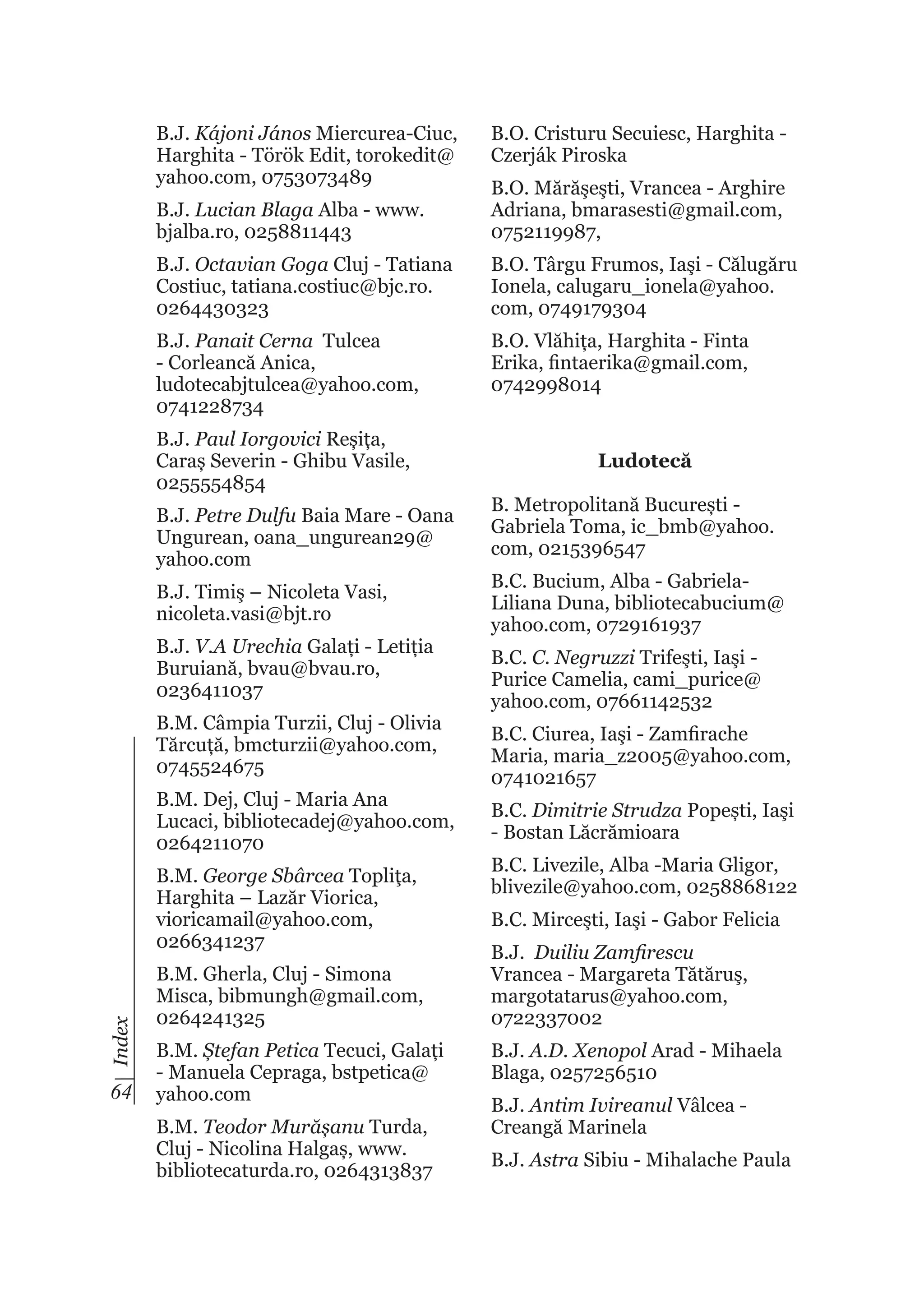 B.J. Kájoni János Miercurea-Ciuc,
Harghita - Török Edit, torokedit@
yahoo.com, 0753073489

B.O. Cristuru Secuiesc, Harghita Czerják Piroska

B.J. Lucian Blaga Alba - www.
bjalba.ro, 0258811443

B.O. Mărăşeşti, Vrancea - Arghire
Adriana, bmarasesti@gmail.com,
0752119987,

B.J. Octavian Goga Cluj - Tatiana
Costiuc, tatiana.costiuc@bjc.ro.
0264430323

B.O. Târgu Frumos, Iaşi - Călugăru
Ionela, calugaru_ionela@yahoo.
com, 0749179304

B.J. Panait Cerna Tulcea
- Corleancă Anica,
ludotecabjtulcea@yahoo.com,
0741228734

B.O. Vlăhița, Harghita - Finta
Erika, fintaerika@gmail.com,
0742998014

B.J. Paul Iorgovici Reșița,
Caraș Severin - Ghibu Vasile,
0255554854
B.J. Petre Dulfu Baia Mare - Oana
Ungurean, oana_ungurean29@
yahoo.com
B.J. Timiş – Nicoleta Vasi,
nicoleta.vasi@bjt.ro
B.J. V.A Urechia Galați - Letiția
Buruiană, bvau@bvau.ro,
0236411037
B.M. Câmpia Turzii, Cluj - Olivia
Tărcuță, bmcturzii@yahoo.com,
0745524675
B.M. Dej, Cluj - Maria Ana
Lucaci, bibliotecadej@yahoo.com,
0264211070

Index

B.M. George Sbârcea Topliţa,
Harghita – Lazăr Viorica,
vioricamail@yahoo.com,
0266341237

64

B.M. Gherla, Cluj - Simona
Misca, bibmungh@gmail.com,
0264241325
B.M. Ștefan Petica Tecuci, Galați
- Manuela Cepraga, bstpetica@
yahoo.com
B.M. Teodor Murășanu Turda,
Cluj - Nicolina Halgaș, www.
bibliotecaturda.ro, 0264313837

Ludotecă
B. Metropolitană București Gabriela Toma, ic_bmb@yahoo.
com, 0215396547
B.C. Bucium, Alba - GabrielaLiliana Duna, bibliotecabucium@
yahoo.com, 0729161937
B.C. C. Negruzzi Trifeşti, Iaşi Purice Camelia, cami_purice@
yahoo.com, 07661142532
B.C. Ciurea, Iaşi - Zamfirache
Maria, maria_z2005@yahoo.com,
0741021657
B.C. Dimitrie Strudza Popești, Iaşi
- Bostan Lăcrămioara
B.C. Livezile, Alba -Maria Gligor,
blivezile@yahoo.com, 0258868122
B.C. Mirceşti, Iaşi - Gabor Felicia
B.J. Duiliu Zamfirescu
Vrancea - Margareta Tătăruş,
margotatarus@yahoo.com,
0722337002
B.J. A.D. Xenopol Arad - Mihaela
Blaga, 0257256510
B.J. Antim Ivireanul Vâlcea Creangă Marinela
B.J. Astra Sibiu - Mihalache Paula

 