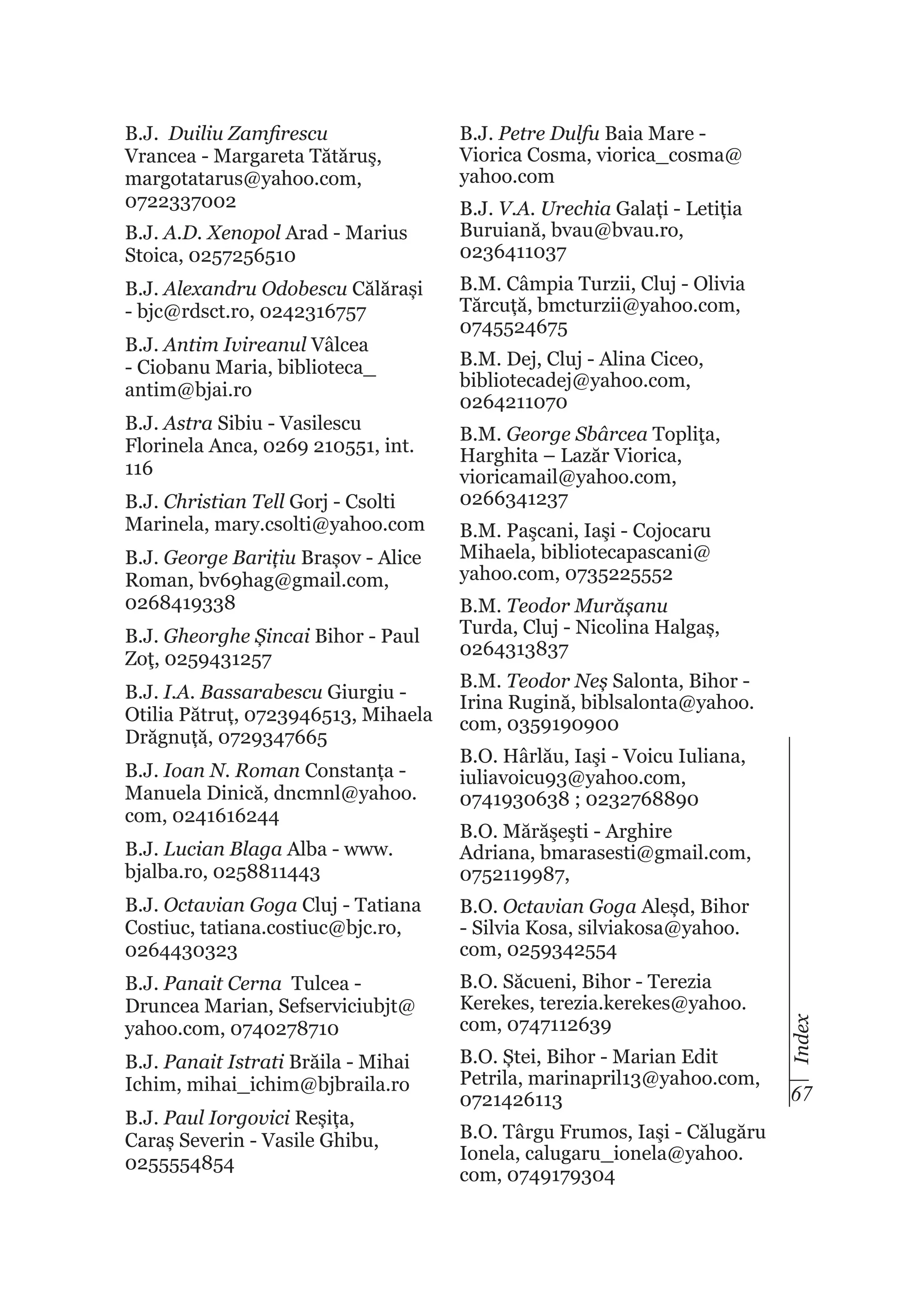 B.J. Duiliu Zamfirescu
Vrancea - Margareta Tătăruş,
margotatarus@yahoo.com,
0722337002
B.J. A.D. Xenopol Arad - Marius
Stoica, 0257256510
B.J. Alexandru Odobescu Călărași
- bjc@rdsct.ro, 0242316757
B.J. Antim Ivireanul Vâlcea
- Ciobanu Maria, biblioteca_
antim@bjai.ro
B.J. Astra Sibiu - Vasilescu
Florinela Anca, 0269 210551, int.
116
B.J. Christian Tell Gorj - Csolti
Marinela, mary.csolti@yahoo.com
B.J. George Barițiu Brașov - Alice
Roman, bv69hag@gmail.com,
0268419338
B.J. Gheorghe Șincai Bihor - Paul
Zoţ, 0259431257
B.J. I.A. Bassarabescu Giurgiu Otilia Pătruț, 0723946513, Mihaela
Drăgnuță, 0729347665
B.J. Ioan N. Roman Constanța Manuela Dinică, dncmnl@yahoo.
com, 0241616244

B.J. Petre Dulfu Baia Mare Viorica Cosma, viorica_cosma@
yahoo.com
B.J. V.A. Urechia Galați - Letiția
Buruiană, bvau@bvau.ro,
0236411037
B.M. Câmpia Turzii, Cluj - Olivia
Tărcuță, bmcturzii@yahoo.com,
0745524675
B.M. Dej, Cluj - Alina Ciceo,
bibliotecadej@yahoo.com,
0264211070
B.M. George Sbârcea Topliţa,
Harghita – Lazăr Viorica,
vioricamail@yahoo.com,
0266341237
B.M. Paşcani, Iaşi - Cojocaru
Mihaela, bibliotecapascani@
yahoo.com, 0735225552
B.M. Teodor Murășanu
Turda, Cluj - Nicolina Halgaș,
0264313837
B.M. Teodor Neș Salonta, Bihor Irina Rugină, biblsalonta@yahoo.
com, 0359190900
B.O. Hârlău, Iaşi - Voicu Iuliana,
iuliavoicu93@yahoo.com,
0741930638 ; 0232768890
B.O. Mărăşeşti - Arghire
Adriana, bmarasesti@gmail.com,
0752119987,

B.J. Octavian Goga Cluj - Tatiana
Costiuc, tatiana.costiuc@bjc.ro,
0264430323

B.O. Octavian Goga Aleșd, Bihor
- Silvia Kosa, silviakosa@yahoo.
com, 0259342554

B.J. Panait Cerna Tulcea Druncea Marian, Sefserviciubjt@
yahoo.com, 0740278710

B.O. Săcueni, Bihor - Terezia
Kerekes, terezia.kerekes@yahoo.
com, 0747112639

B.J. Panait Istrati Brăila - Mihai
Ichim, mihai_ichim@bjbraila.ro

B.O. Ștei, Bihor - Marian Edit
Petrila, marinapril13@yahoo.com,
0721426113

B.J. Paul Iorgovici Reșița,
Caraș Severin - Vasile Ghibu,
0255554854

B.O. Târgu Frumos, Iaşi - Călugăru
Ionela, calugaru_ionela@yahoo.
com, 0749179304

Index

B.J. Lucian Blaga Alba - www.
bjalba.ro, 0258811443

67

 
