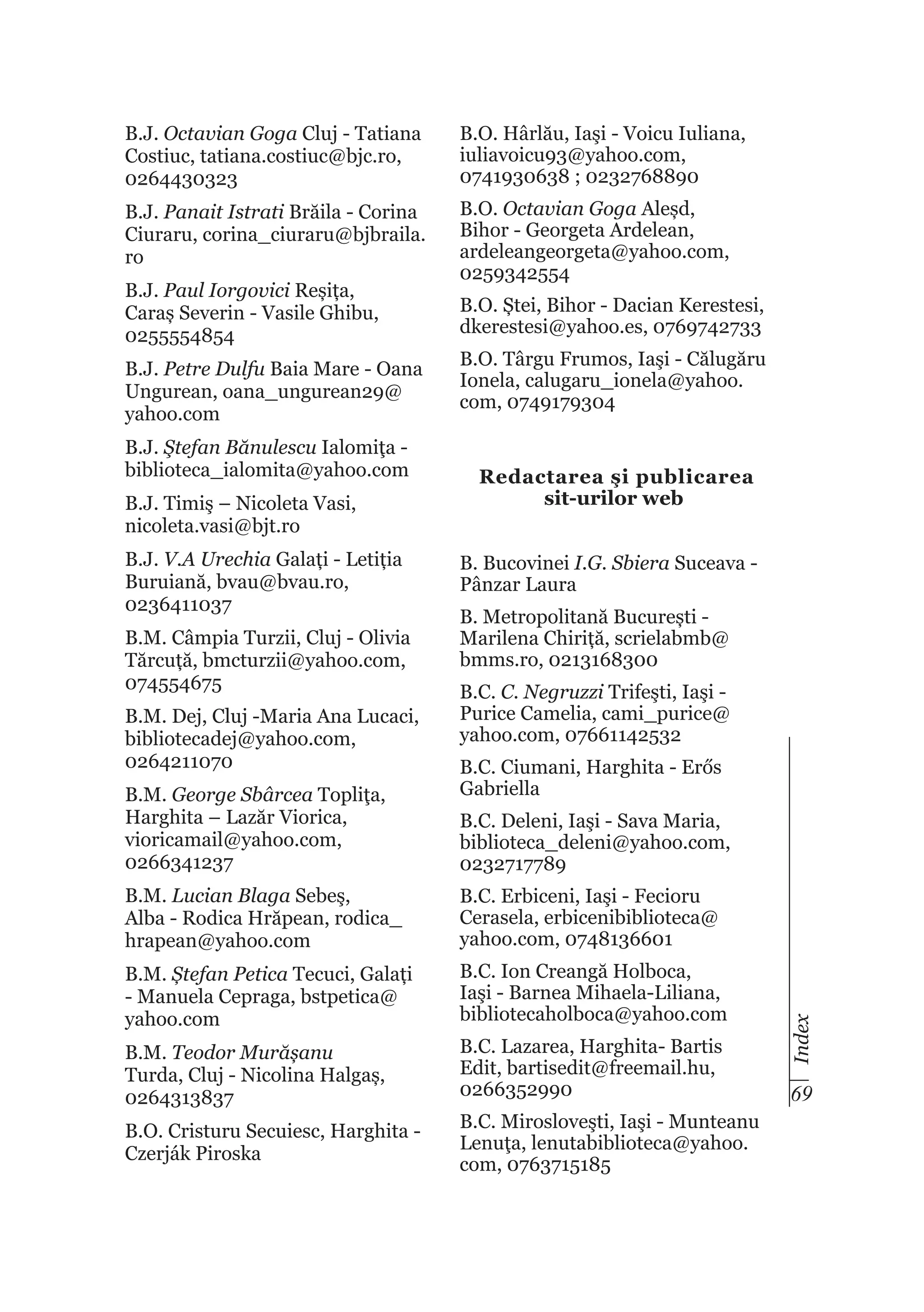 B.J. Octavian Goga Cluj - Tatiana
Costiuc, tatiana.costiuc@bjc.ro,
0264430323

B.O. Hârlău, Iaşi - Voicu Iuliana,
iuliavoicu93@yahoo.com,
0741930638 ; 0232768890

B.J. Panait Istrati Brăila - Corina
Ciuraru, corina_ciuraru@bjbraila.
ro

B.O. Octavian Goga Aleșd,
Bihor - Georgeta Ardelean,
ardeleangeorgeta@yahoo.com,
0259342554

B.J. Paul Iorgovici Reșița,
Caraș Severin - Vasile Ghibu,
0255554854
B.J. Petre Dulfu Baia Mare - Oana
Ungurean, oana_ungurean29@
yahoo.com
B.J. Ştefan Bănulescu Ialomiţa biblioteca_ialomita@yahoo.com
B.J. Timiş – Nicoleta Vasi,
nicoleta.vasi@bjt.ro
B.J. V.A Urechia Galați - Letiția
Buruiană, bvau@bvau.ro,
0236411037
B.M. Câmpia Turzii, Cluj - Olivia
Tărcuță, bmcturzii@yahoo.com,
074554675
B.M. Dej, Cluj -Maria Ana Lucaci,
bibliotecadej@yahoo.com,
0264211070
B.M. George Sbârcea Topliţa,
Harghita – Lazăr Viorica,
vioricamail@yahoo.com,
0266341237

B.O. Ștei, Bihor - Dacian Kerestesi,
dkerestesi@yahoo.es, 0769742733
B.O. Târgu Frumos, Iaşi - Călugăru
Ionela, calugaru_ionela@yahoo.
com, 0749179304
	
Redactarea şi publicarea
sit-urilor web
B. Bucovinei I.G. Sbiera Suceava Pânzar Laura
B. Metropolitană București Marilena Chiriță, scrielabmb@
bmms.ro, 0213168300
B.C. C. Negruzzi Trifeşti, Iaşi Purice Camelia, cami_purice@
yahoo.com, 07661142532
B.C. Ciumani, Harghita - Erős
Gabriella
B.C. Deleni, Iaşi - Sava Maria,
biblioteca_deleni@yahoo.com,
0232717789
B.C. Erbiceni, Iaşi - Fecioru
Cerasela, erbicenibiblioteca@
yahoo.com, 0748136601

B.M. Ștefan Petica Tecuci, Galați
- Manuela Cepraga, bstpetica@
yahoo.com

B.C. Ion Creangă Holboca,
Iaşi - Barnea Mihaela-Liliana,
bibliotecaholboca@yahoo.com

B.M. Teodor Murășanu
Turda, Cluj - Nicolina Halgaș,
0264313837

B.C. Lazarea, Harghita- Bartis
Edit, bartisedit@freemail.hu,
0266352990

B.O. Cristuru Secuiesc, Harghita Czerják Piroska

B.C. Mirosloveşti, Iaşi - Munteanu
Lenuţa, lenutabiblioteca@yahoo.
com, 0763715185

Index

B.M. Lucian Blaga Sebeş,
Alba - Rodica Hrăpean, rodica_
hrapean@yahoo.com

69

 