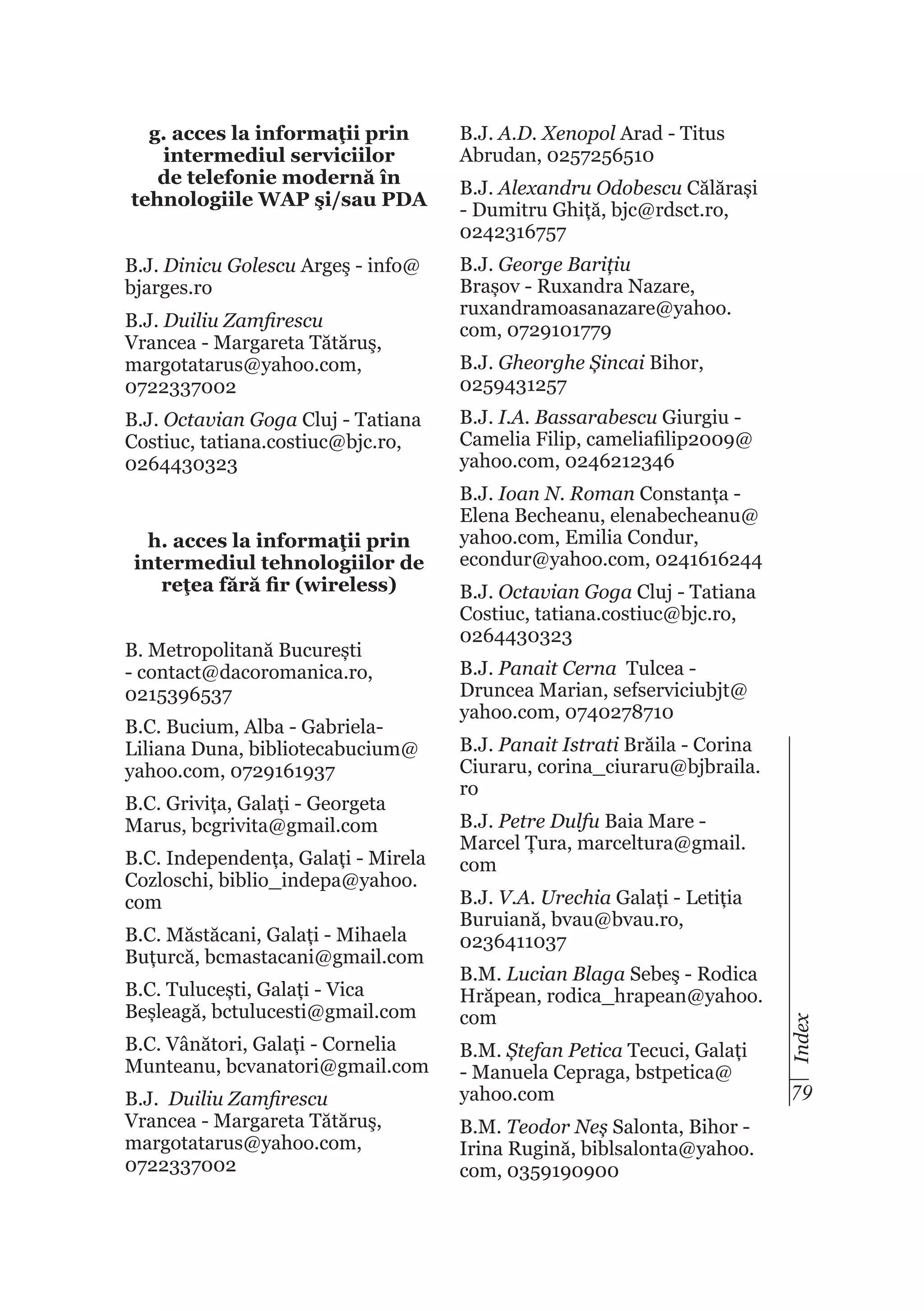 B.J. Dinicu Golescu Argeş - info@
bjarges.ro
B.J. Duiliu Zamfirescu
Vrancea - Margareta Tătăruş,
margotatarus@yahoo.com,
0722337002
B.J. Octavian Goga Cluj - Tatiana
Costiuc, tatiana.costiuc@bjc.ro,
0264430323

h. acces la informaţii prin
intermediul tehnologiilor de
reţea fără fir (wireless)
B. Metropolitană București
- contact@dacoromanica.ro,
0215396537
B.C. Bucium, Alba - GabrielaLiliana Duna, bibliotecabucium@
yahoo.com, 0729161937
B.C. Grivița, Galați - Georgeta
Marus, bcgrivita@gmail.com
B.C. Independența, Galați - Mirela
Cozloschi, biblio_indepa@yahoo.
com
B.C. Măstăcani, Galați - Mihaela
Buțurcă, bcmastacani@gmail.com
B.C. Tulucești, Galați - Vica
Beșleagă, bctulucesti@gmail.com
B.C. Vânători, Galați - Cornelia
Munteanu, bcvanatori@gmail.com
B.J. Duiliu Zamfirescu
Vrancea - Margareta Tătăruş,
margotatarus@yahoo.com,
0722337002

B.J. A.D. Xenopol Arad - Titus
Abrudan, 0257256510
B.J. Alexandru Odobescu Călărași
- Dumitru Ghiță, bjc@rdsct.ro,
0242316757
B.J. George Barițiu
Brașov - Ruxandra Nazare,
ruxandramoasanazare@yahoo.
com, 0729101779
B.J. Gheorghe Șincai Bihor,
0259431257
B.J. I.A. Bassarabescu Giurgiu Camelia Filip, cameliafilip2009@
yahoo.com, 0246212346
B.J. Ioan N. Roman Constanța Elena Becheanu, elenabecheanu@
yahoo.com, Emilia Condur,
econdur@yahoo.com, 0241616244
B.J. Octavian Goga Cluj - Tatiana
Costiuc, tatiana.costiuc@bjc.ro,
0264430323
B.J. Panait Cerna Tulcea Druncea Marian, sefserviciubjt@
yahoo.com, 0740278710
B.J. Panait Istrati Brăila - Corina
Ciuraru, corina_ciuraru@bjbraila.
ro
B.J. Petre Dulfu Baia Mare Marcel Țura, marceltura@gmail.
com
B.J. V.A. Urechia Galați - Letiția
Buruiană, bvau@bvau.ro,
0236411037
B.M. Lucian Blaga Sebeş - Rodica
Hrăpean, rodica_hrapean@yahoo.
com
B.M. Ștefan Petica Tecuci, Galați
- Manuela Cepraga, bstpetica@
yahoo.com
B.M. Teodor Neș Salonta, Bihor Irina Rugină, biblsalonta@yahoo.
com, 0359190900

Index

g. acces la informaţii prin
intermediul serviciilor
de telefonie modernă în
tehnologiile WAP şi/sau PDA

79

 