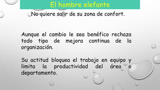 El hombre elefante 
No quiere salir de su zona de confort. 
Aunque el cambio le sea benéfico rechaza 
todo tipo de mejora continua de la 
organización. 
Su actitud bloquea el trabajo en equipo y 
limita la productividad del área o 
departamento. 
 
